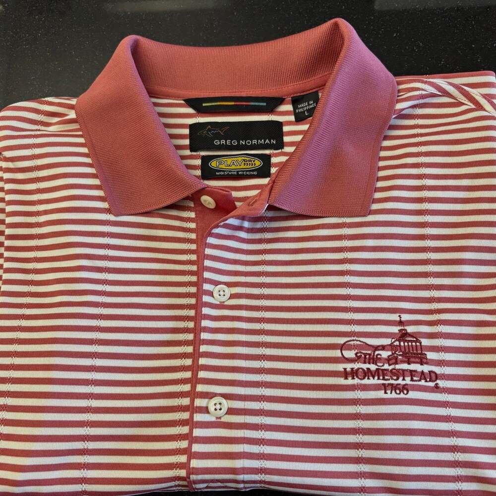 Greg Norman Homestead 1766 Golf Logo Polo Mens L Play Dry Moisture Wicking